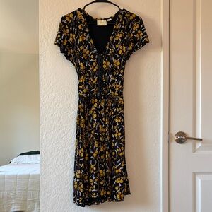 Maeve Black and Yellow Floral Midi Dress
